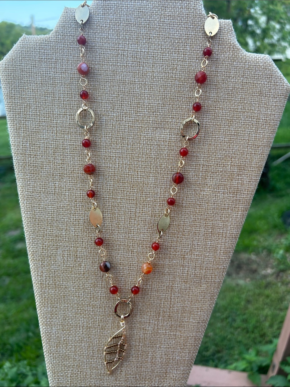 Artisan Fire Red Agate Bead and Leaf Pendant Necklace